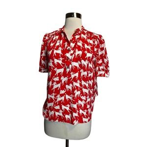 Anthropologie Emily Isabella Robina Top XS Red Dog Cat Novelty Print